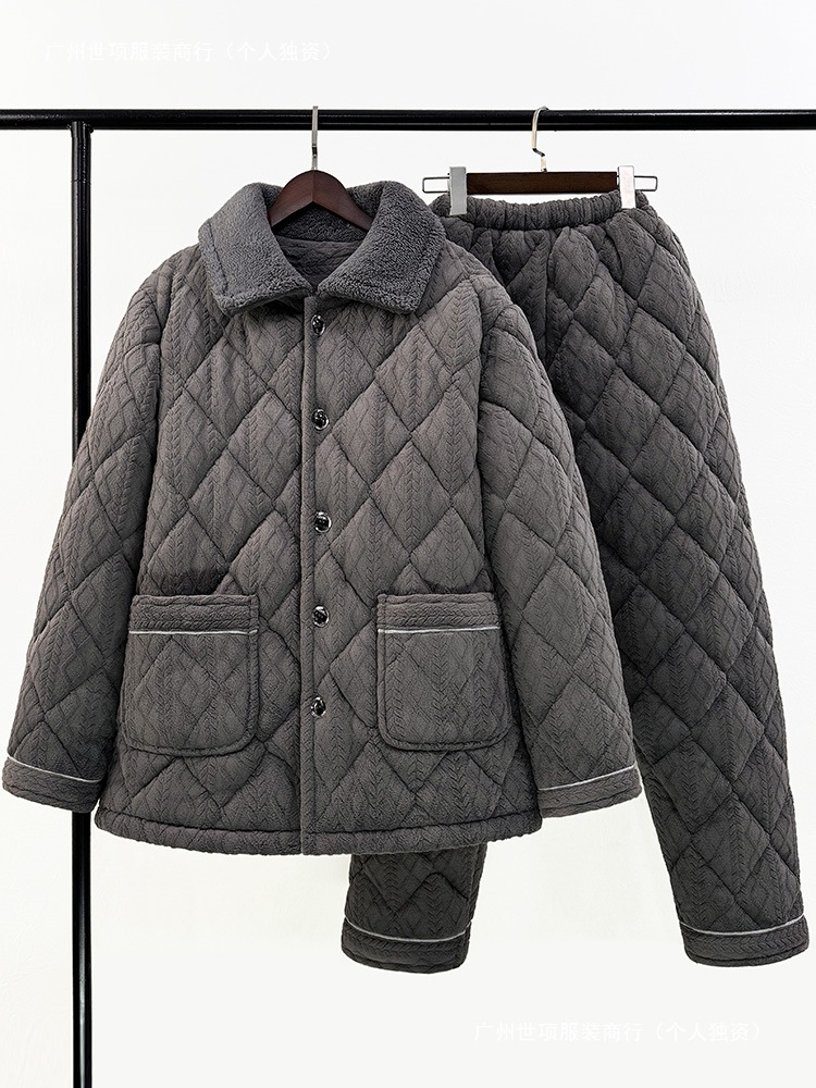 Middle-Aged and Elderly Men's Pajamas Winter Coral Velvet Quilted Thickeneded Plus Size Dad's Warm Cotton Jacket Suit Home Clothes