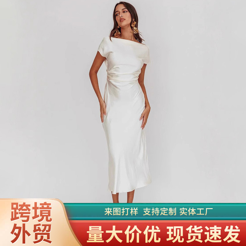 European and American Cross-Border Women's Clothing New Solid Color High-End Satin Slim One-Shoulder Sexy Backless Fishtail Dress European and American Cross-Border Women's Clothing New Solid Color High-End Satin Slim One-Shoulder Sexy Backless Fishtail Dress