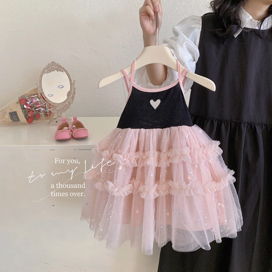 Korean Style Summer Girls' 2024 New Arrival Baby Girl Stylish Fashionable Love Mesh Dress Backless Vest Dress Trendy