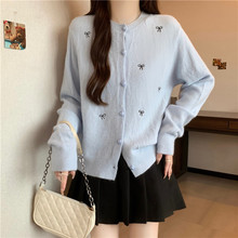 上衣开衫蝴蝶潮流蓝色设计外套2025新款春秋针织圆领毛衣舒适悠闲