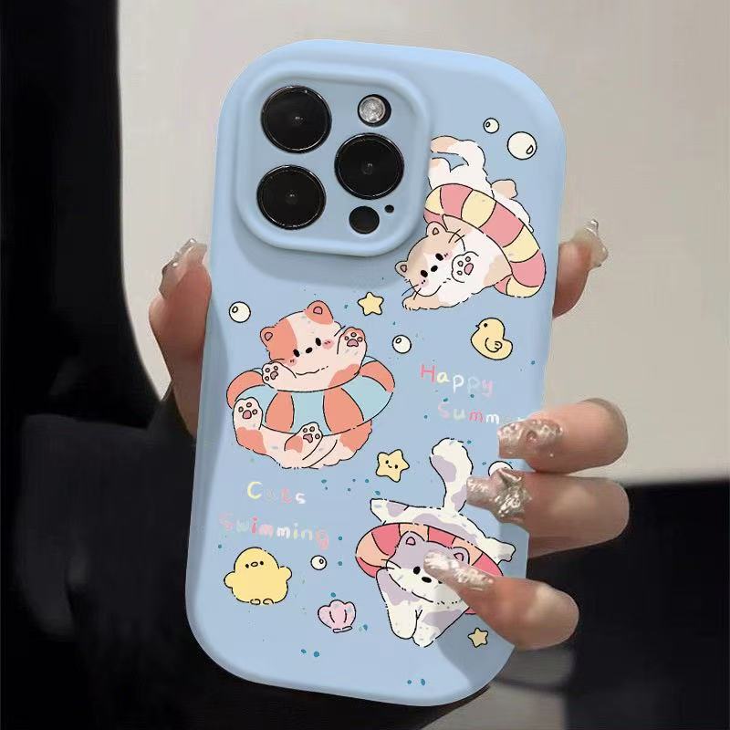 Swimming Ring Cat-Themed Phone Case Suitable for Apple 17 Pro Max, Shockproof iPhone 16, European and American Style, 15, Ins14, Full Coverage, 13
