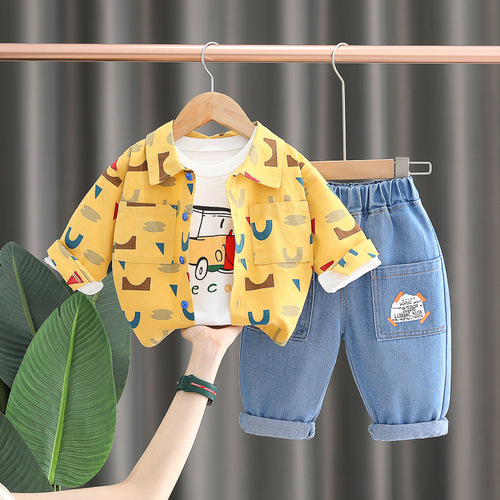 Boys Autumn Clothes Suit Little Boy Baby  New Boys Clothes Colorful Geometric Car Three-piece Trendy Set