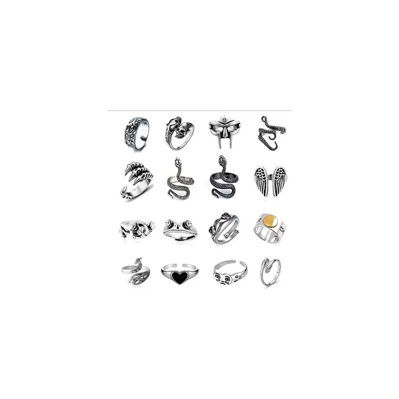 Retro Adjustable Ring Set, Punk Style, Alloy Electroplated, 16-Piece Mix (Adjustable)