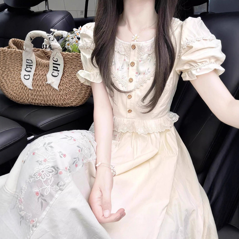 French Sweet Floral Dress for Women, Summer Forest Style, Gentle Style, Princess Dress, Lace Waist Long Skirt