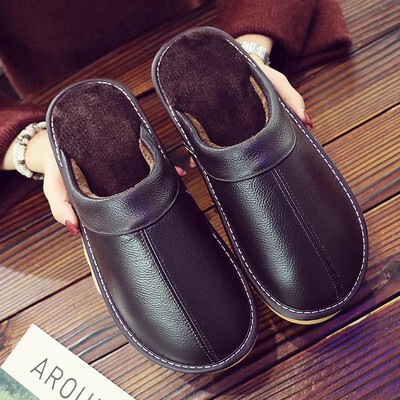 Genuine Leather Cotton Slippers for Women in Autumn and Winter for Couples Home Indoor Household Thick-Soled Waterproof Warm Cowhide Slippers for Men