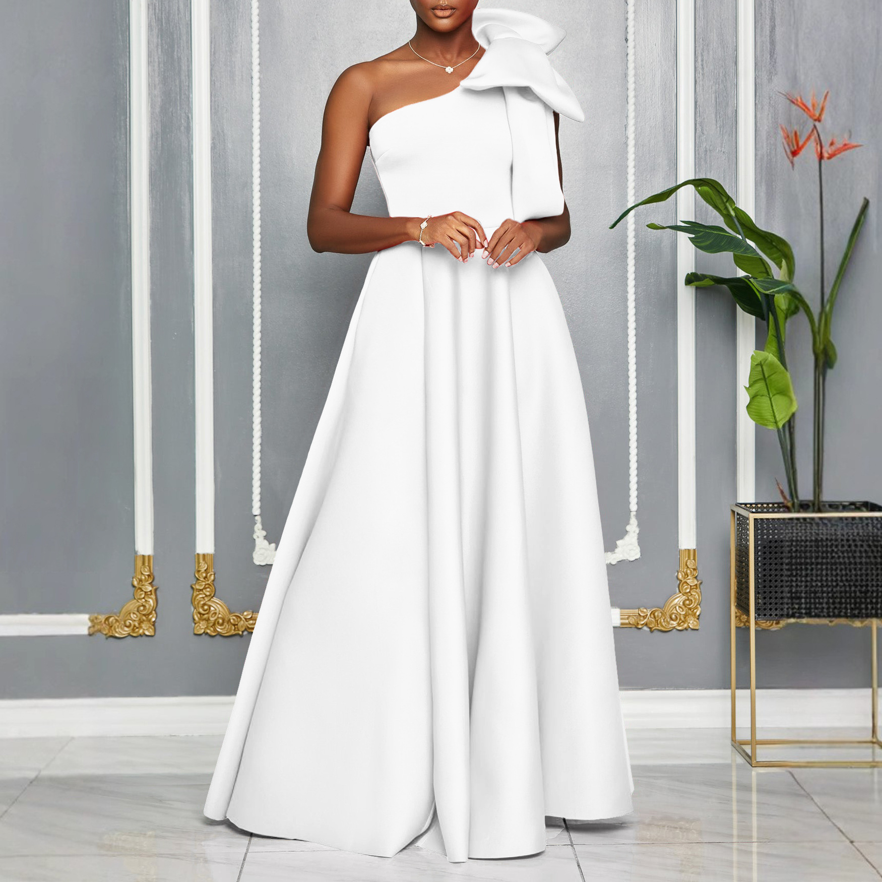 Women's One Shoulder Red Evening Dress With Bow, Elegant A-Line Maxi Gown For Wedding Guest, Prom & Formal Party_ecoleips.com