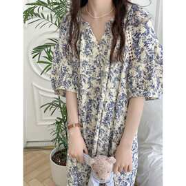 2024韩版夏季新款水墨画双层纱轻薄透气短袖女家居服睡裙