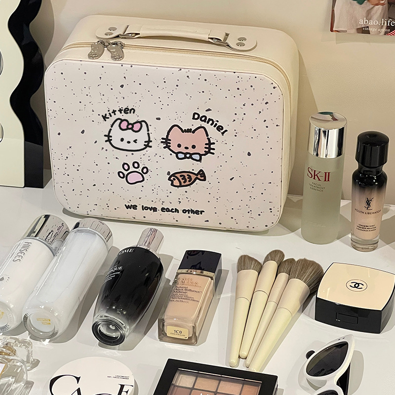 Estuche cosmético portátil lindo original con espejo, bolsa cosmética de almacenamiento portátil para el cuidado de la piel de viaje de alta calidad de gran capacidad