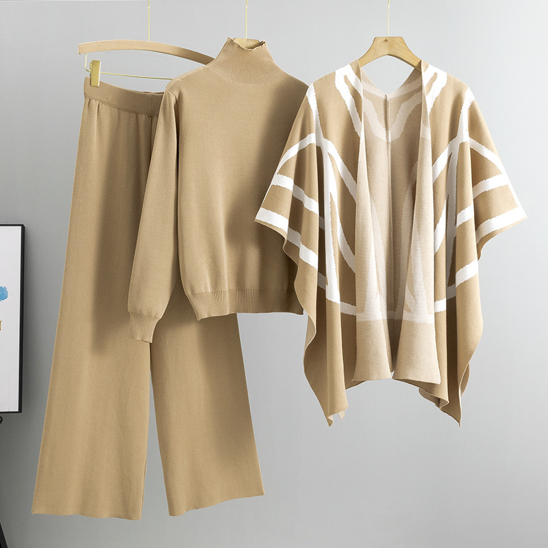 Cross-Border Casual Suit for Women, Autumn and Winter New Style, Elegant and Lazy Style, Knitted Sweater, Shawl, Cape, Wide-Leg Pants, Three-Piece Set