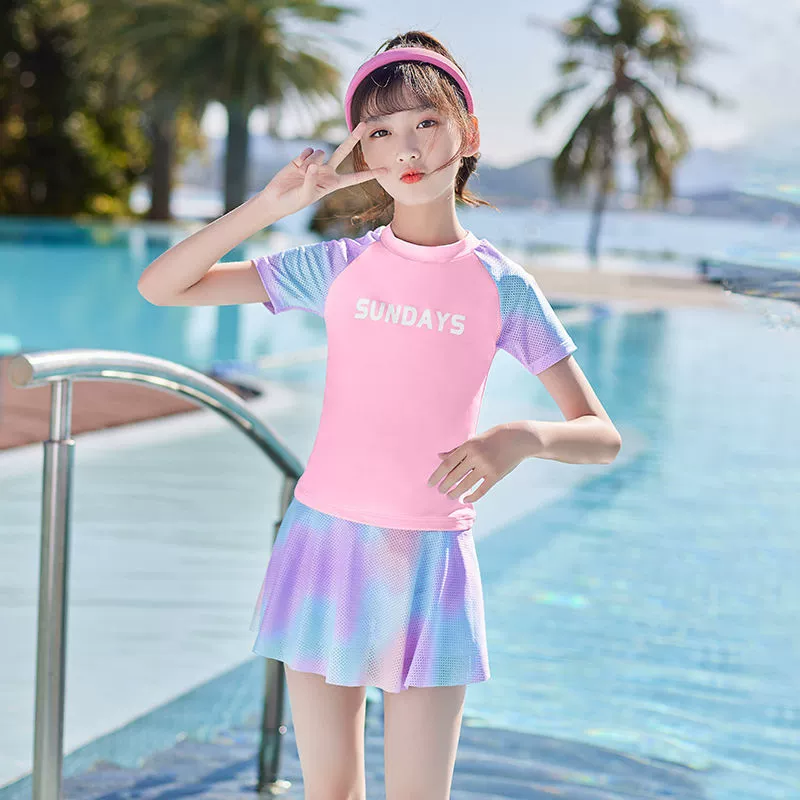 Children's cute summer beach split swimwear, with short sleeve, sun protection, for teenagers