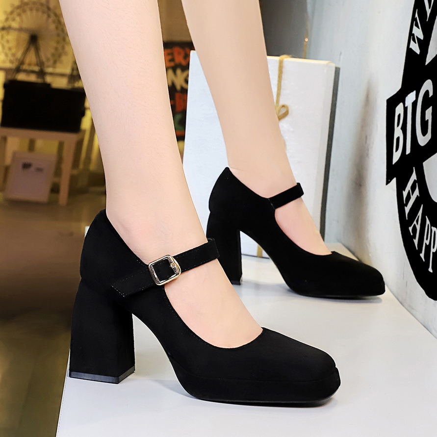 9613-5 European And American Style Retro High Chunky Heel Waterproof Platform Suede Shallow Mouth Square Toe Belt Buckle_vogvips.com