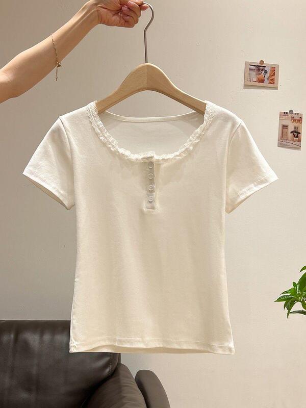 Cotton Pure Desire Lace Trim Plus-Size Short-Sleeve T-Shirt for Women, Summer New Style, Regular Shoulder, Versatile and Stylish Top