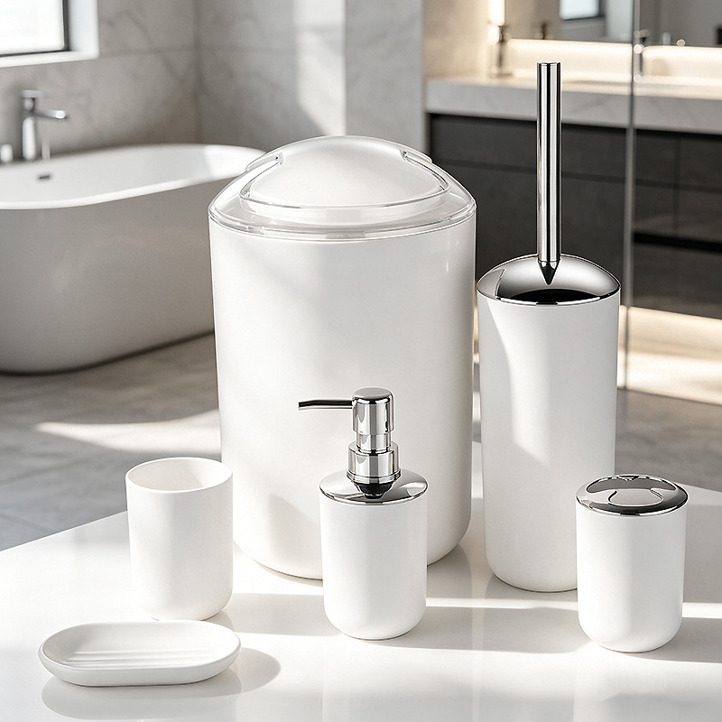 Kit de baño set de artículos de higiene set botella de desinfectante de manos cepillo de dientes taza cepillo de inodoro bote de basura set de 6 piezas image 8