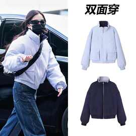 明星同款撞色刺绣双面穿落肩袖立领棉服外套