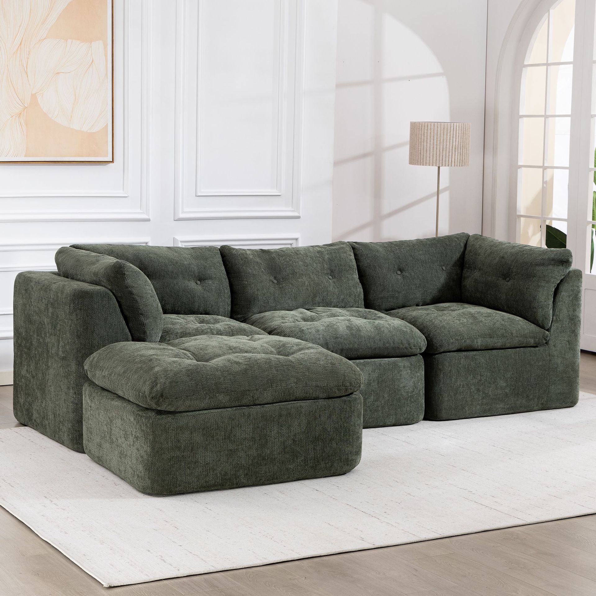 Marshmallow italiano respaldo alto ajustable nubes profundas Chenille nubes anchas sofá de tela verde
