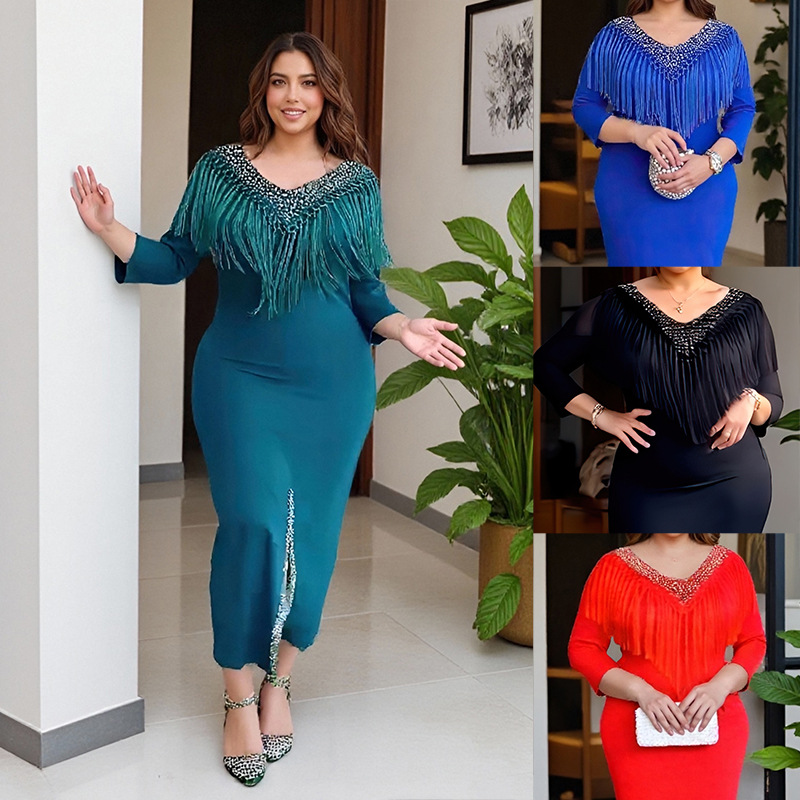 GraceChic Elegantes, figurbetontes, afrikanisches Plus-Size-Quastenkleid im europäischen und amerikanischen Stil für Damen, ideal für Pendler, 0010_voghion.com