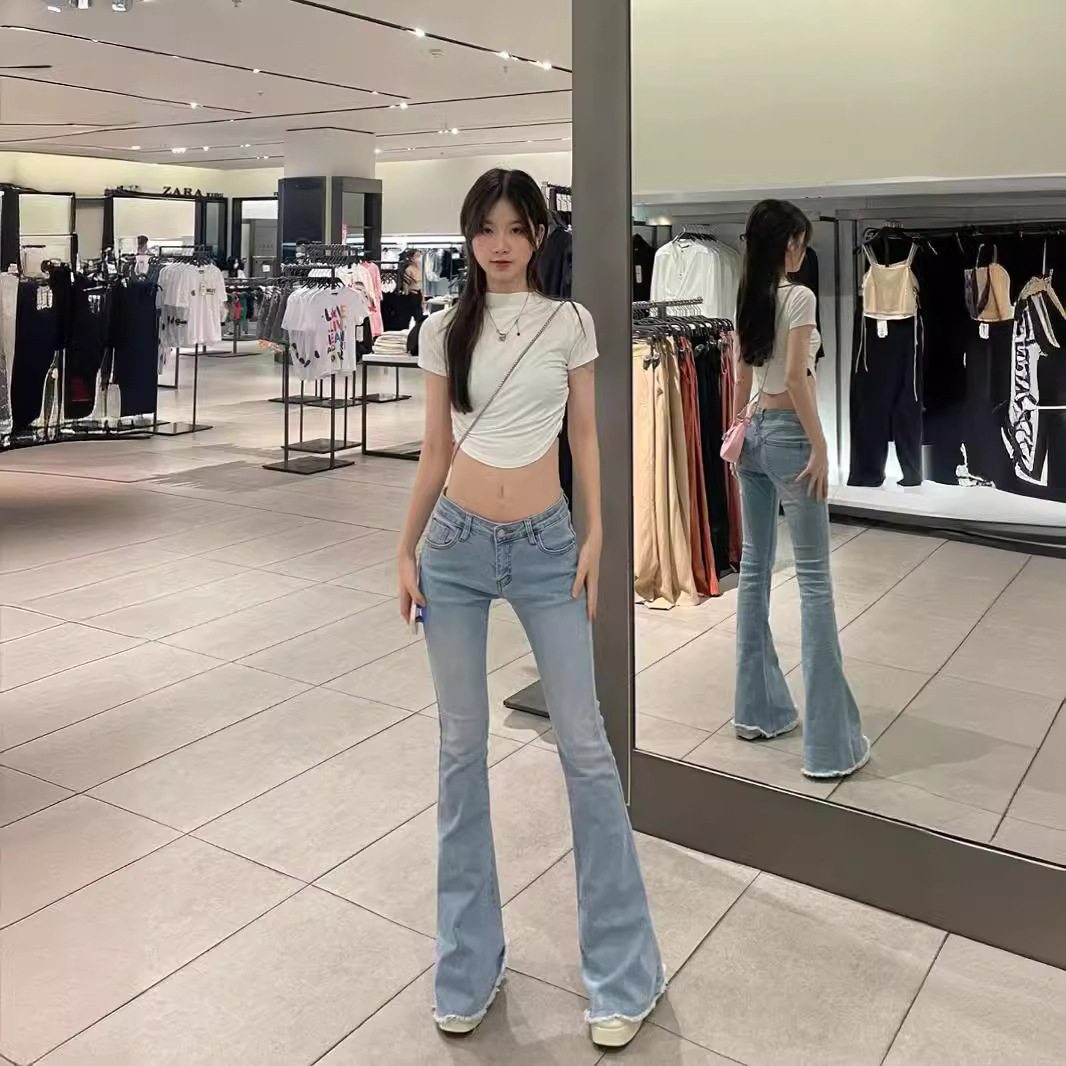 American Style Retro Design Sense Rough Edge Micro-flare Jeans Women's 2024 Spring Low-rise Spice Girl Slim-looking Trousers