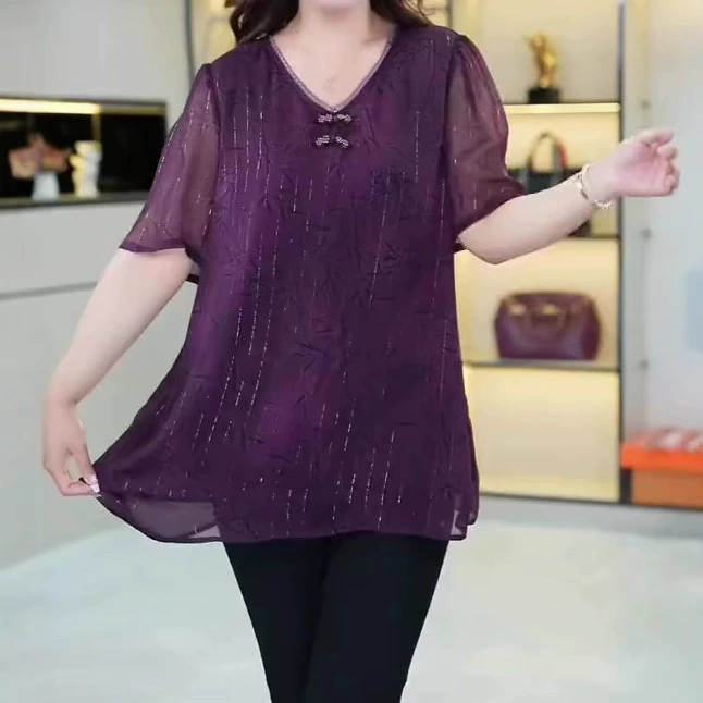 2025 новый летний стиль, высококачественная шифоновая универсальная рубашка с короткими рукавами из органзы, топы, женская одежда для полных мам, 120kg г.