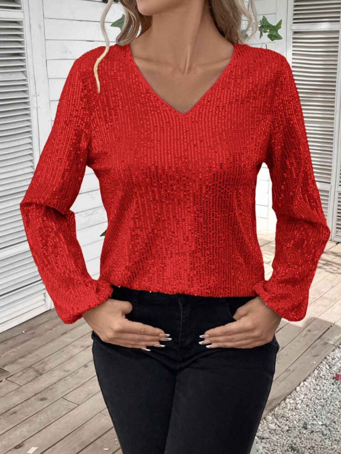 Elegant Women's V-neck Sequin Tunic Top, Long Sleeve Glitter Tee_voghion.com