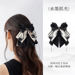 复古高级感水墨蝴蝶结飘带抓夹女新中式显发量半扎发盘发马尾发夹