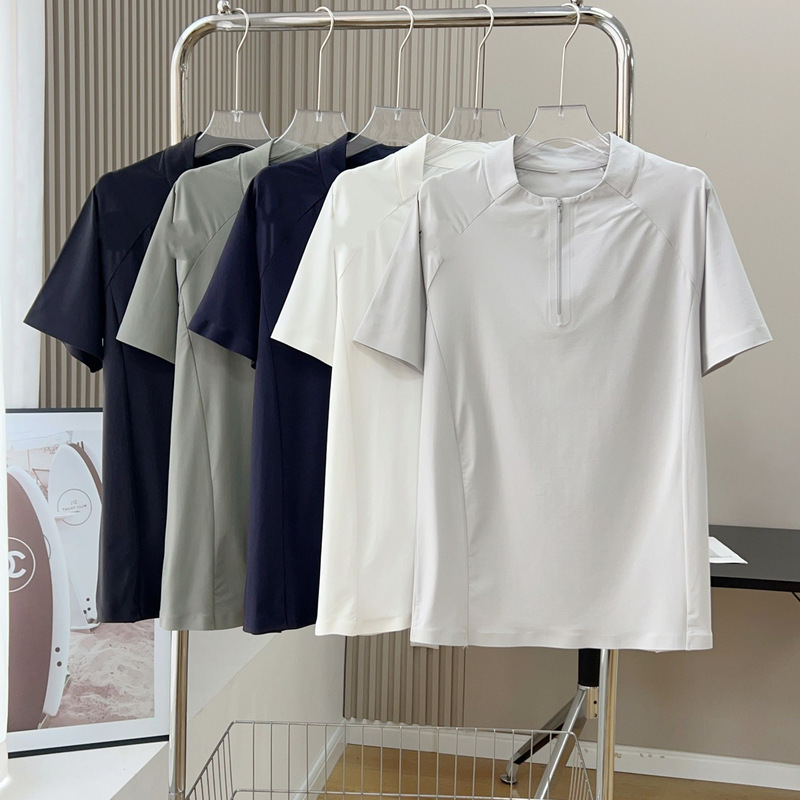 Dijia Arrow Ice Silk Quick-Dry Half-Zip Stand Collar T-Shirt Breathable Cool Sports Fitness Commuting Short-Sleeve Top Dijia Arrow Ice Silk Quick-Dry Half-Zip Stand Collar T-Shirt Breathable Cool Sports Fitness Commuting Short-Sleeve Top