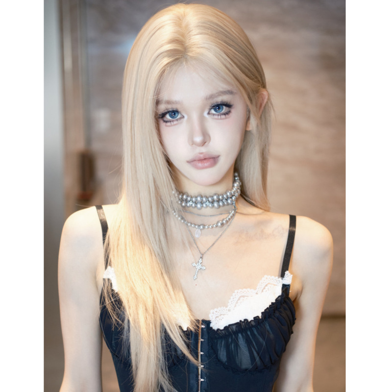 Ziqi wig girls small lace craft long straight hair campus Korean daily natural milk tea rice gray