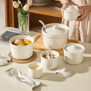 Hotel Restaurant Pure White Ceramic Water-Proof Stew Cup with Lid Household Bird's Nest Steamed Egg Soup Cup Bowl Pot Bowl Crock