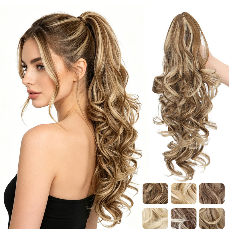 European and American Style Claw Clip Ponytail Wig for Women, Long Wavy Hair with Highlights, Natural and Realistic Internet Celebrity High Ponytail Wig European and American Style Claw Clip Ponytail Wig for Women, Long Wavy Hair with Highlights, Natural and Realistic Internet Celebrity High Ponytail Wig