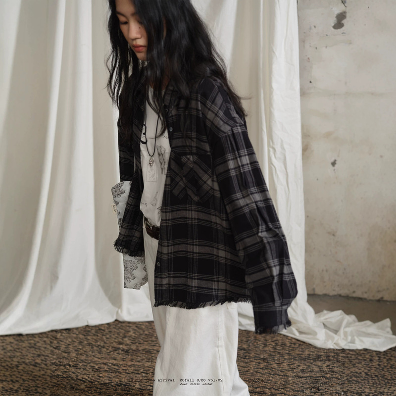 Original quality "Strolling in Barbizon" flannel hemp organic cotton loose plaid long-sleeve women's shirt