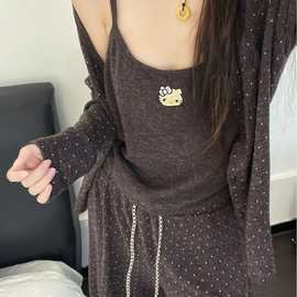 韩版开衫Kitty长袖睡衣女2026秋季带胸垫吊带家居服可外穿三件套