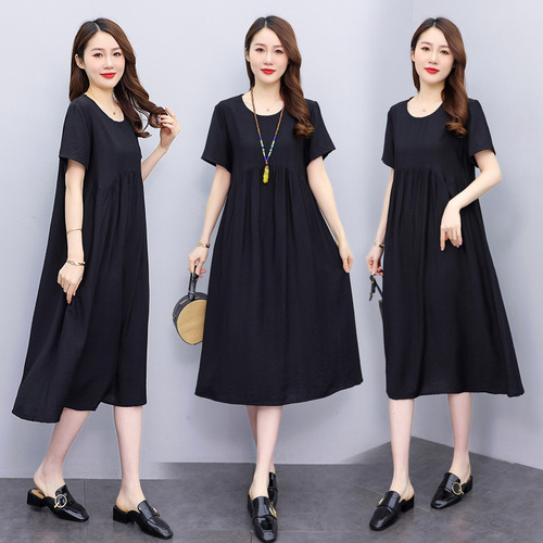 Summer Solid Color Cotton Satin Short-Sleeve Dress for Women Fashion Mother's Outfit Slimming Loose Elegant Medium-Length Skirt