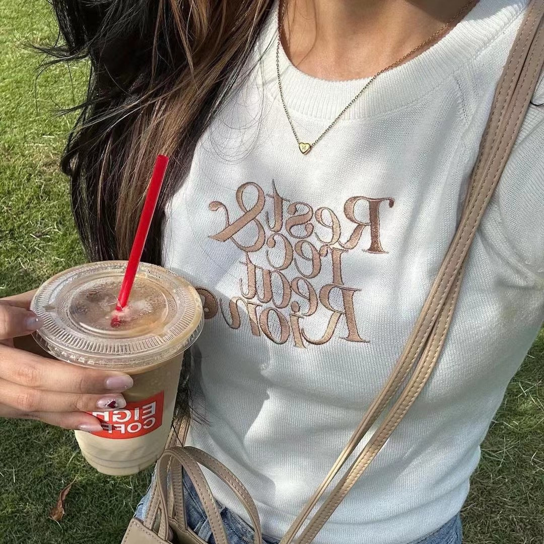 Korean Rest Rr Clottyteam Embroidered Rr Rolled Edge Raglan Sleeve Long Sleeve Slim Fit Sweater Knitwear for Women Autumn