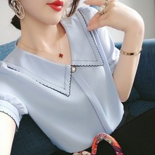 女上雪纺衫夏季短袖女装夏装2023年韩版娃娃领上衣设计感小众潮