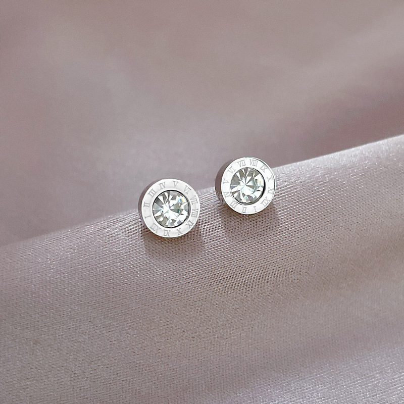 1 Pair Simple Style Round Number Plating Inlay Titanium Steel Zircon Ear Studs display picture 4