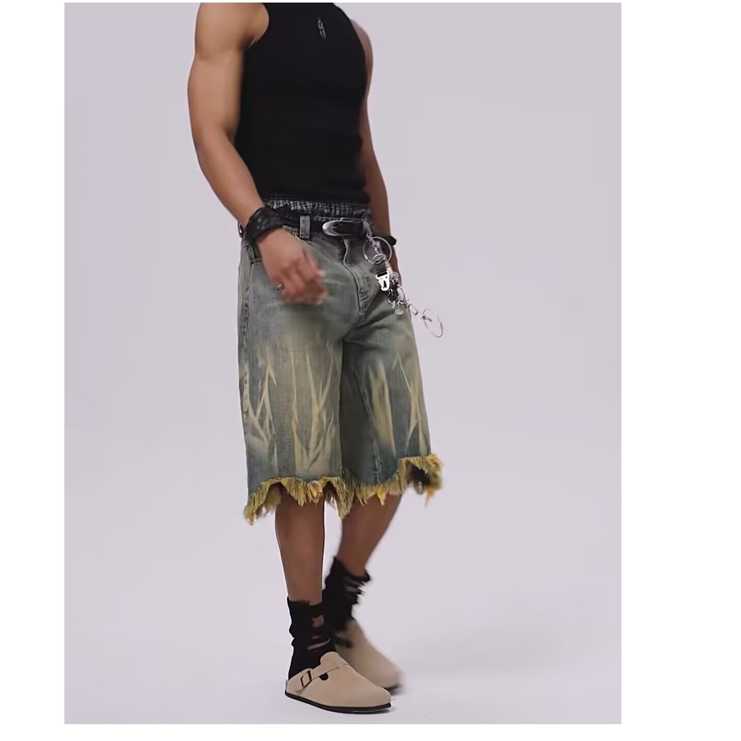 Men's And Women's Trendy Brand Dyed Yellow Mud Washed Distressed Denim Shorts Loose Five Point Style_mkmklike.com
