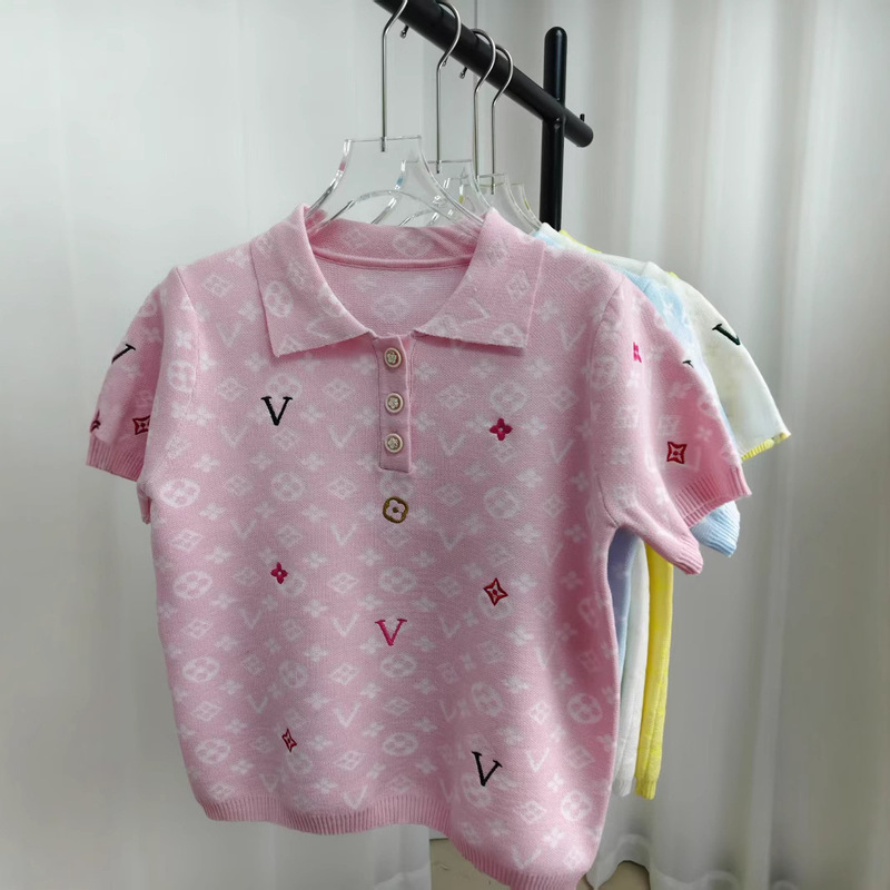 Polo Collar Short-Sleeve Textured Colorful Embroidered New Pullover Stylish Dark Pattern Daliang Knitwear Women's Top Round Neck