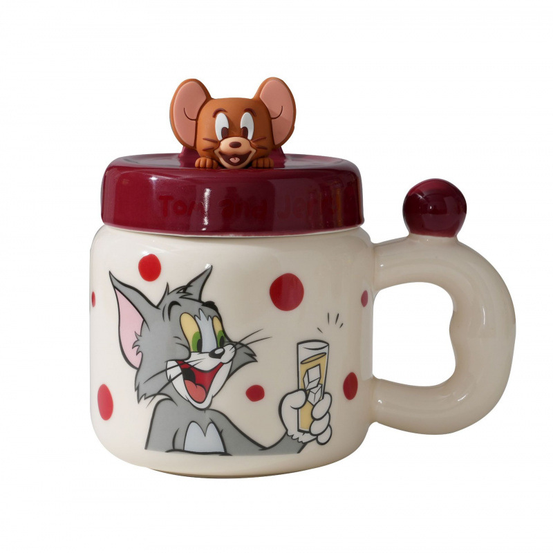 Gato y ratón con tapa de cerámica mug creativo encantador características divertidas originales soporte de teléfono de café taza de té