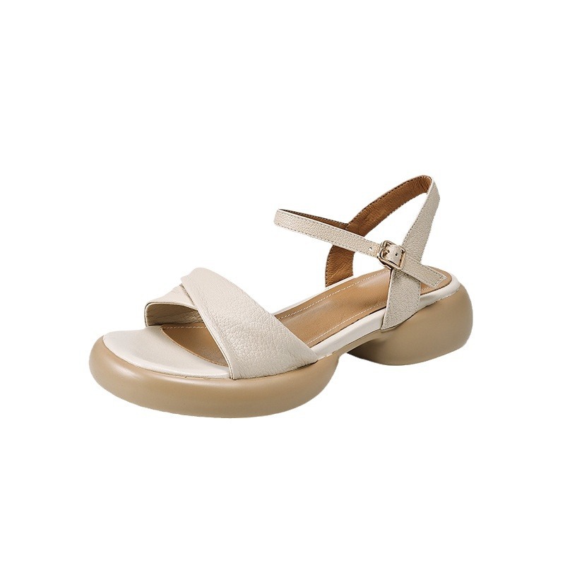 Sandal nữ da cừu đế dày gót thô hở ngón quai ngang phong cách La Mã — Màu trắng be