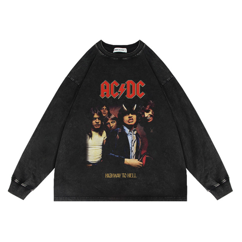 300g Washed Distressed Retro Trendy Brand Round Neck Sweatshirt Acdc Rock Vintage Loose High Street Long-Sleeved T-Shirt 300g Washed Distressed Retro Trendy Brand Round Neck Sweatshirt Acdc Rock Vintage Loose High Street Long-Sleeved T-Shirt