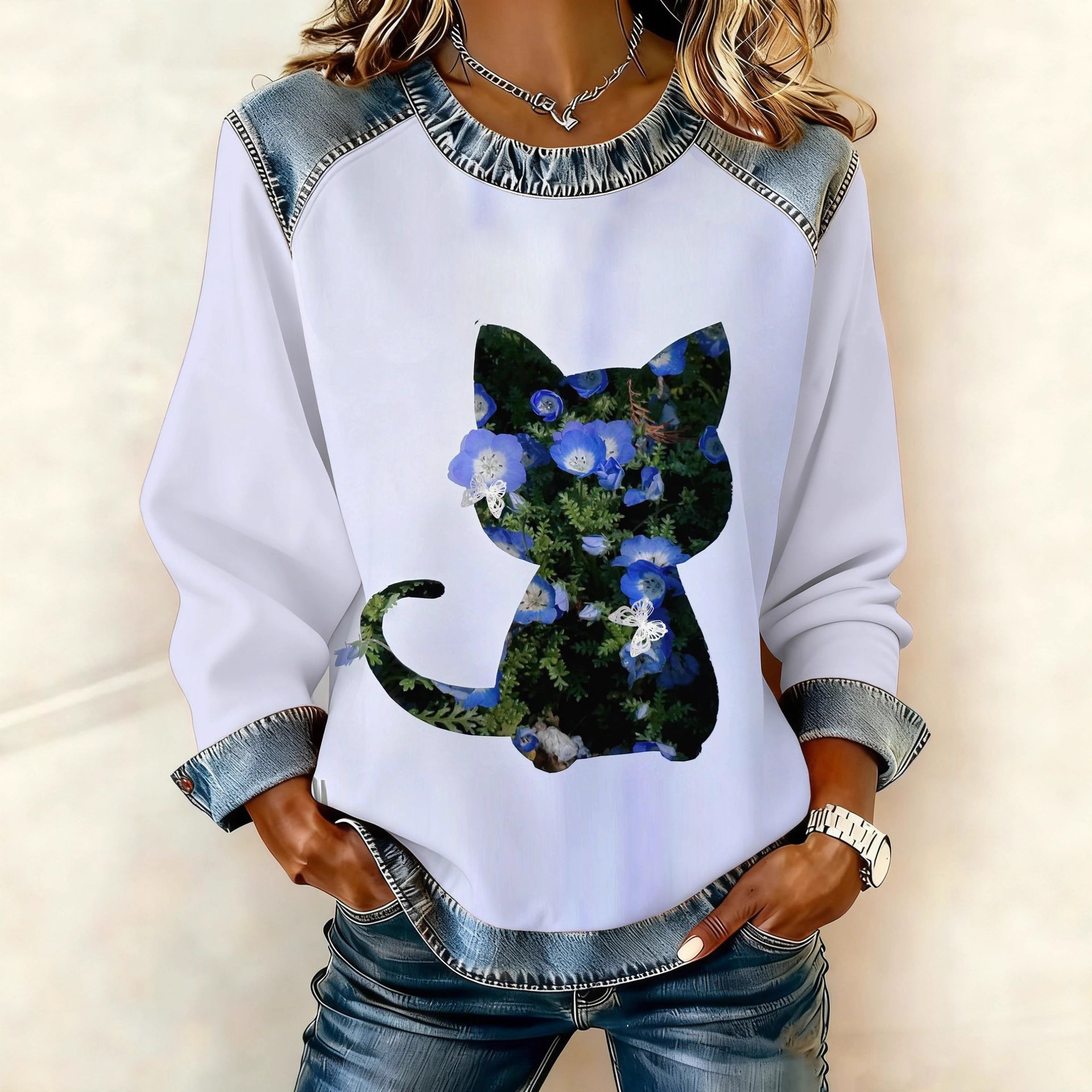 2025 Cross-Border Denim Rugby Team Uniform Women's Round Neck Imitation 3D Digital Printing V Neck T-Shirt One Piece Retail D-Made