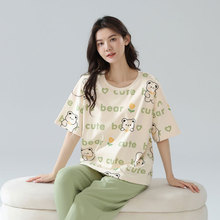 工厂夏季短袖长裤睡衣女士卡通可爱休闲宽松家居服套装春夏天薄款