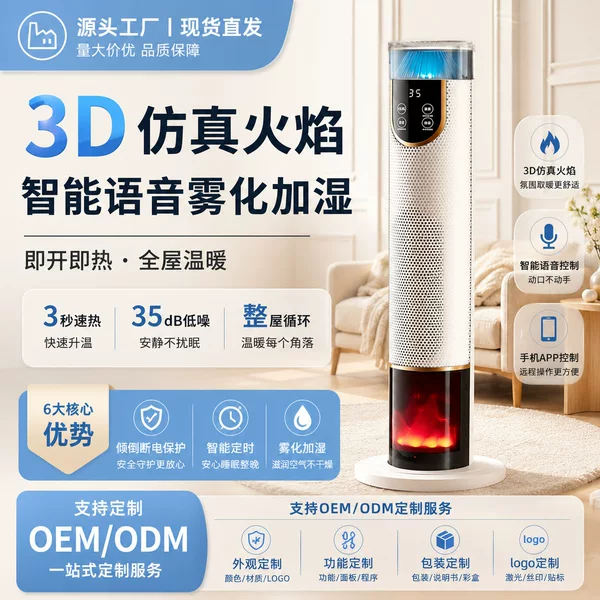Simulated Flame Heater for Home Use, Bedroom Electric Heater, Office Rapid Heating Vertical Smart Voice-Controlled Humidifying Heater