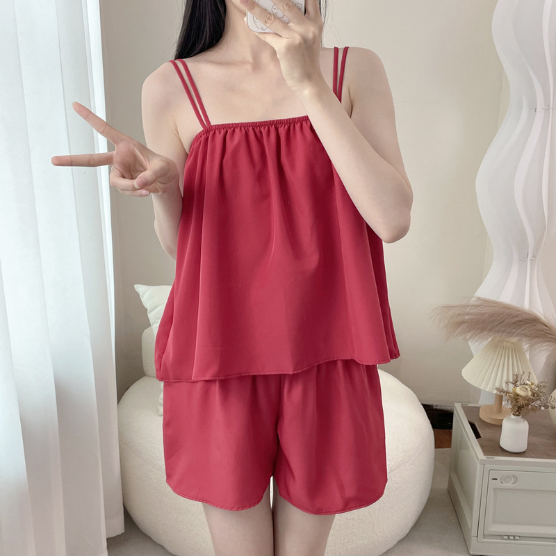 Summer Sweet Cool Sling Pajamas suit Women's Korean Style Loose Solid Color Ins Style Dormitory Outer Wear Shorts Home