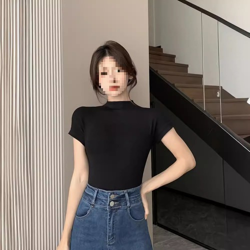Pure Desire Half High Collar Short Sleeve T-Shirt for Women - Summer Fitting and Slimming Base Shirt for Layering - Student Top - Instagram Trendy