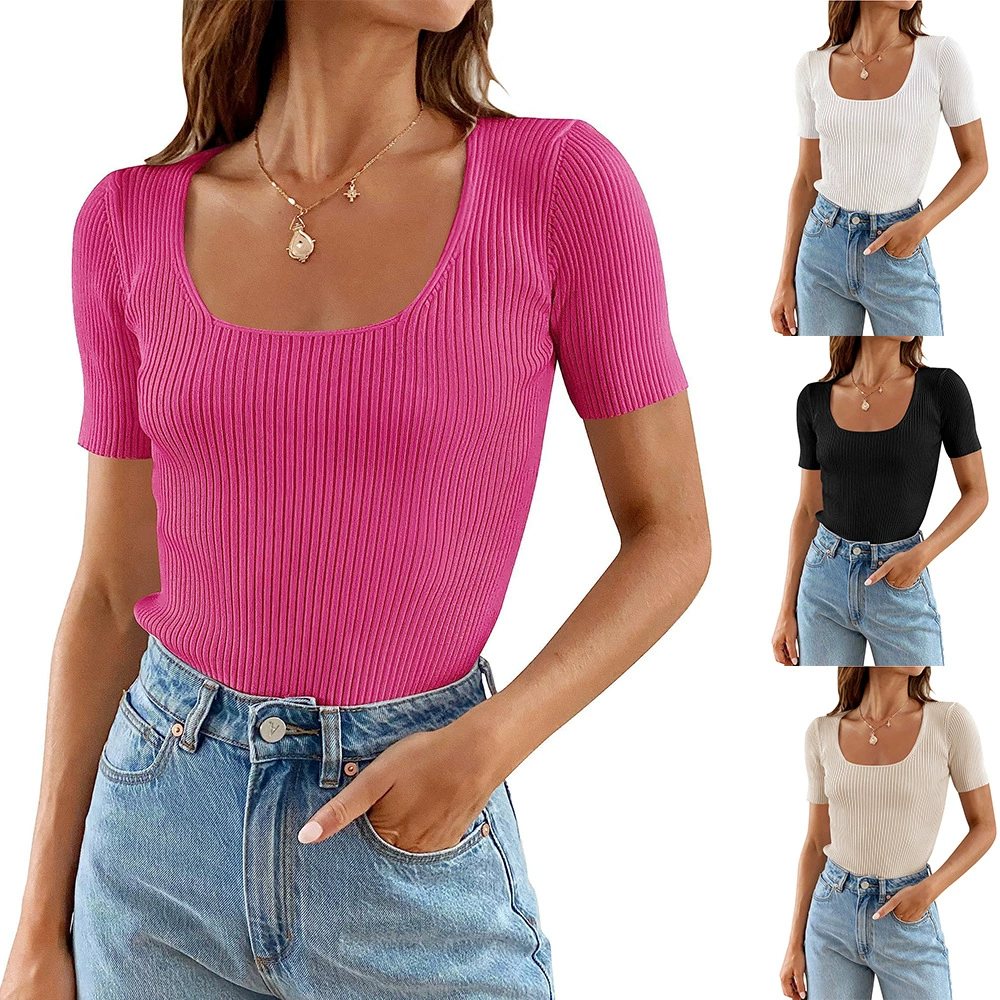 2025 Новый летний трансграничный европейский и американский женский амазонка взрывает женский U-образный воротник с нижним узком базовый свитер