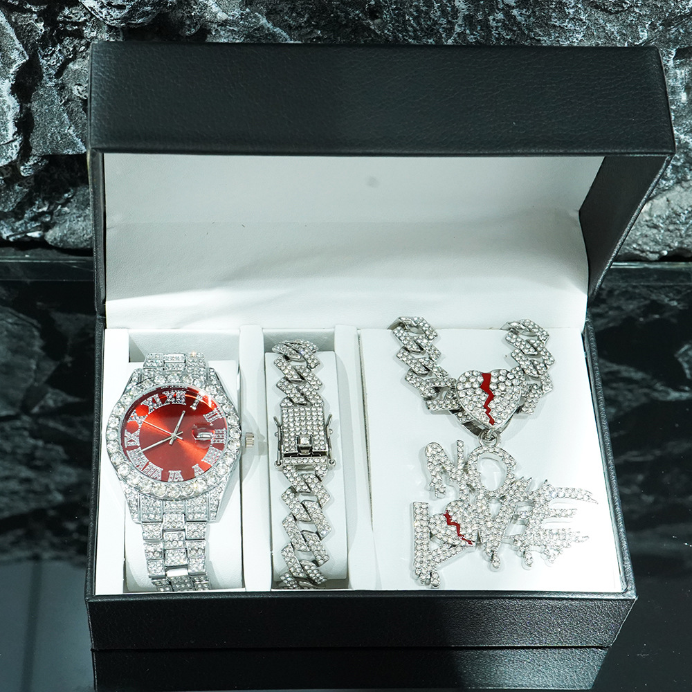 Conjunto de Reloj y Collar con Colgante NO LOVE, Estilo Cubano, para Hombre, en Caja de Regalo de Lujo