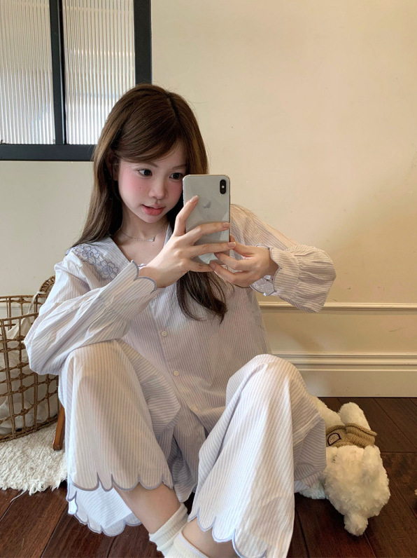 韩国ins女士春秋新韩系重工刺绣花朵甜美花边翻领家居服睡衣套装|undefined