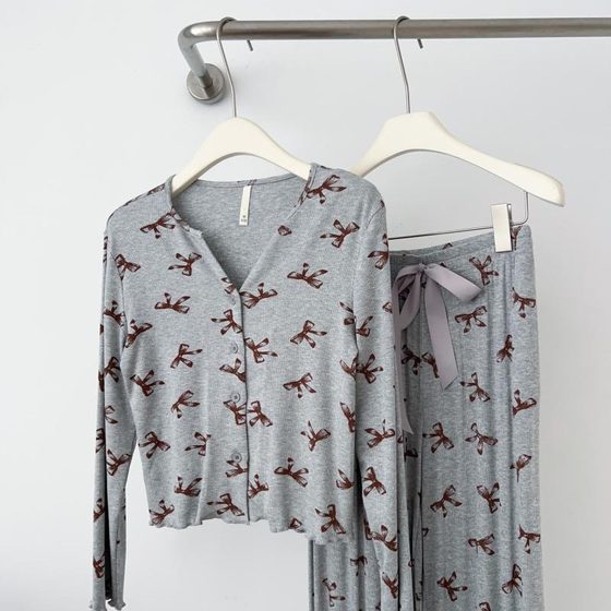 Korean Style Home Clothes Modal Pajamas Women's Spring and Autumn Butterfly Printed V-Neck Long Sleeve Trousers High-grade Two-piece Suit