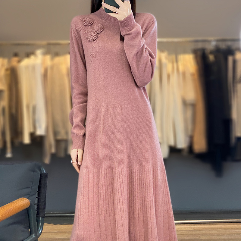 100%纯羊毛2025秋冬新款女装宽松圆领毛衣裙过膝长裙针织衫连衣裙|undefined