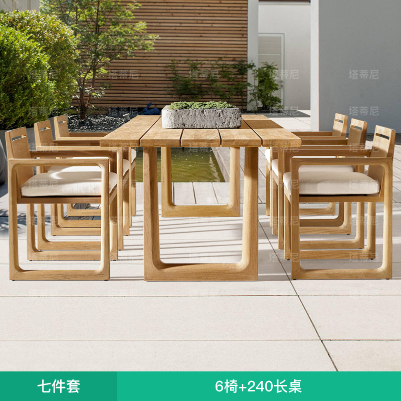 Patio al aire libre combinación de mesa y silla de teca Terraza de villa al aire libre mesa larga de madera maciza al aire libre impermeable y protector solar muebles de ocio
